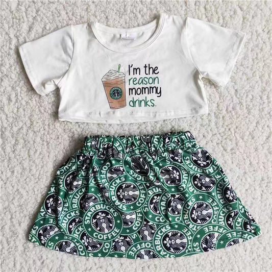 I'm the reason mommy drinks crop top match skirt coffee girls clothing