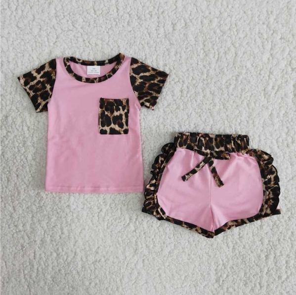 Pink leopard pocket girls boutique clothing sets