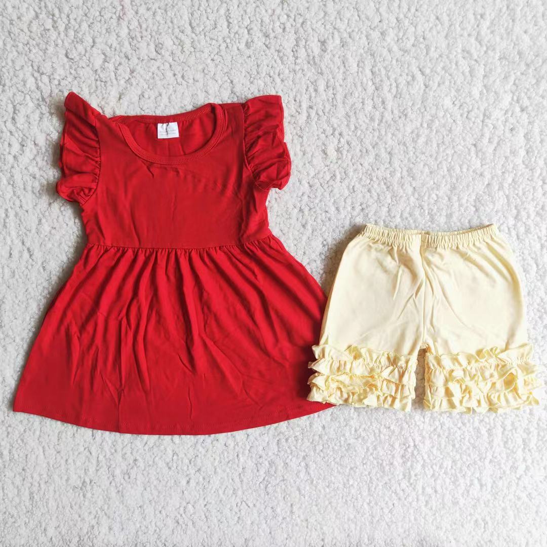 Red flutter sleeve top match cream shorts girls clothing