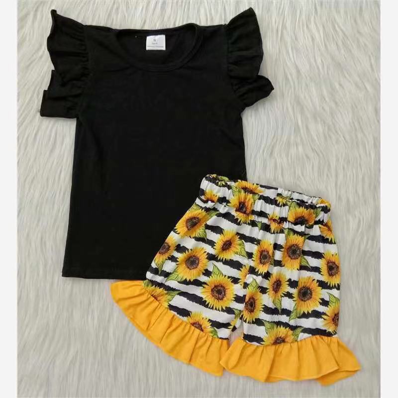 Black cotton top sunflower ruffle shorts girls clothing