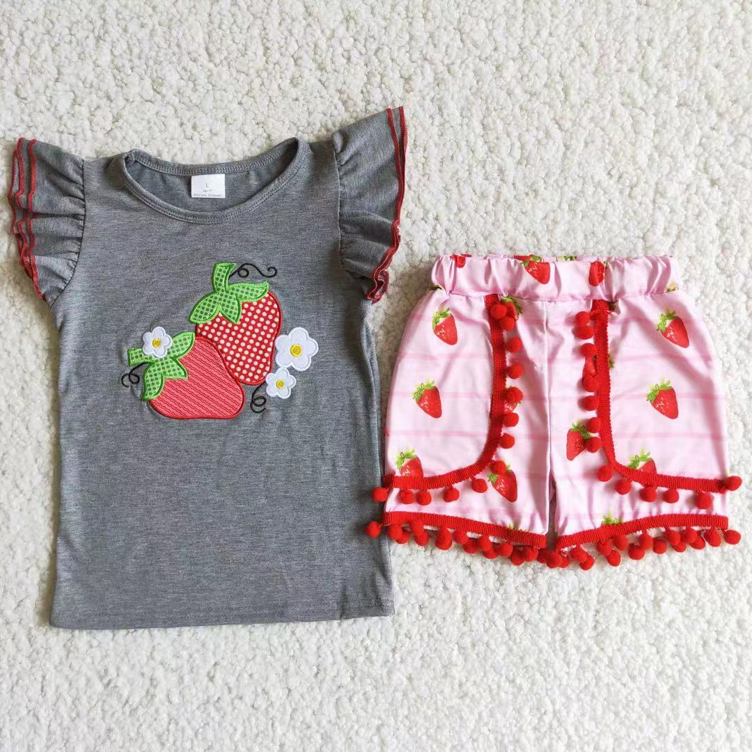 Strawberry embroidery cotton shirt shorts boutique clothing