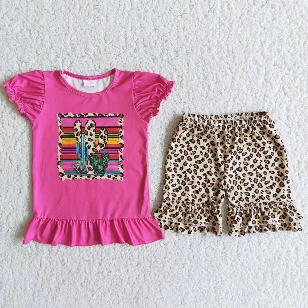 Cactus print shirt leopard shorts girls clothing set