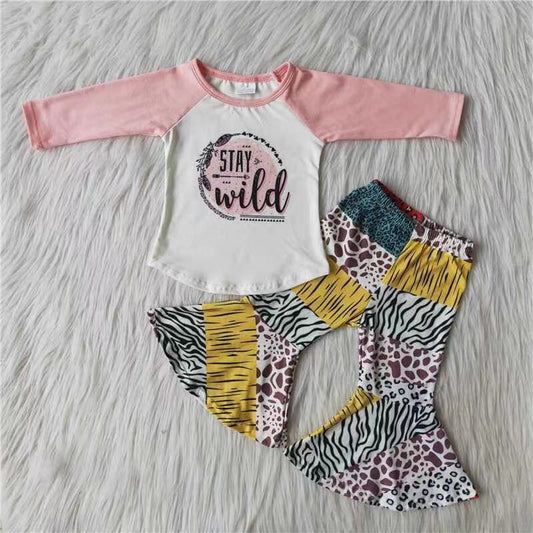 Stay wild leopard patchwork bell bottom pants kids outfits
