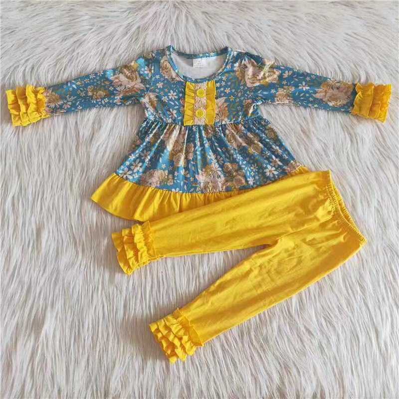 Yellow floral tunic icing ruffle leggings kids boutique clothing