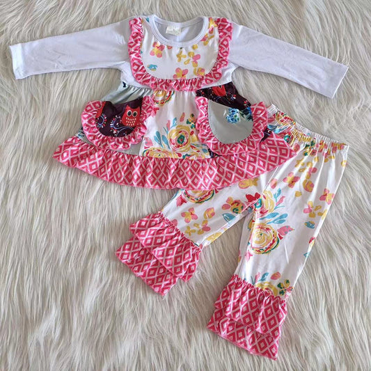 Pockets patchwork floral toddler girl outfits