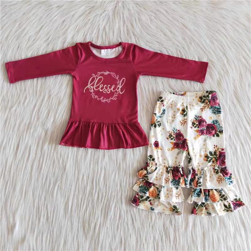 Maroon blessed shirt floral pants girls fall clothing