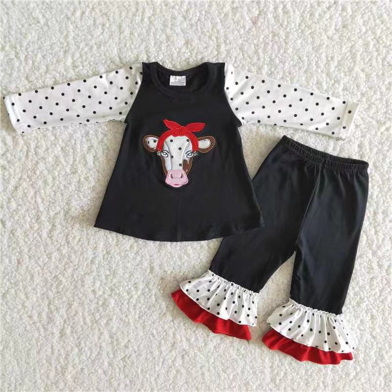 Cow embroidery tunic ruffle pants children clothing set
