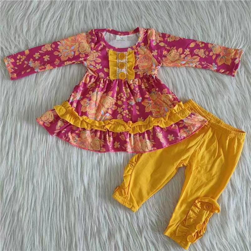Floral print tunic mustard leggings wholesale girls clothing set