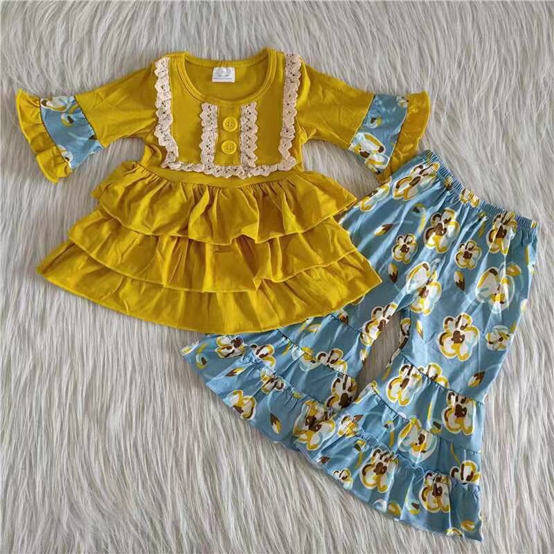 Yellow ruffle top match pants girls fall clothes