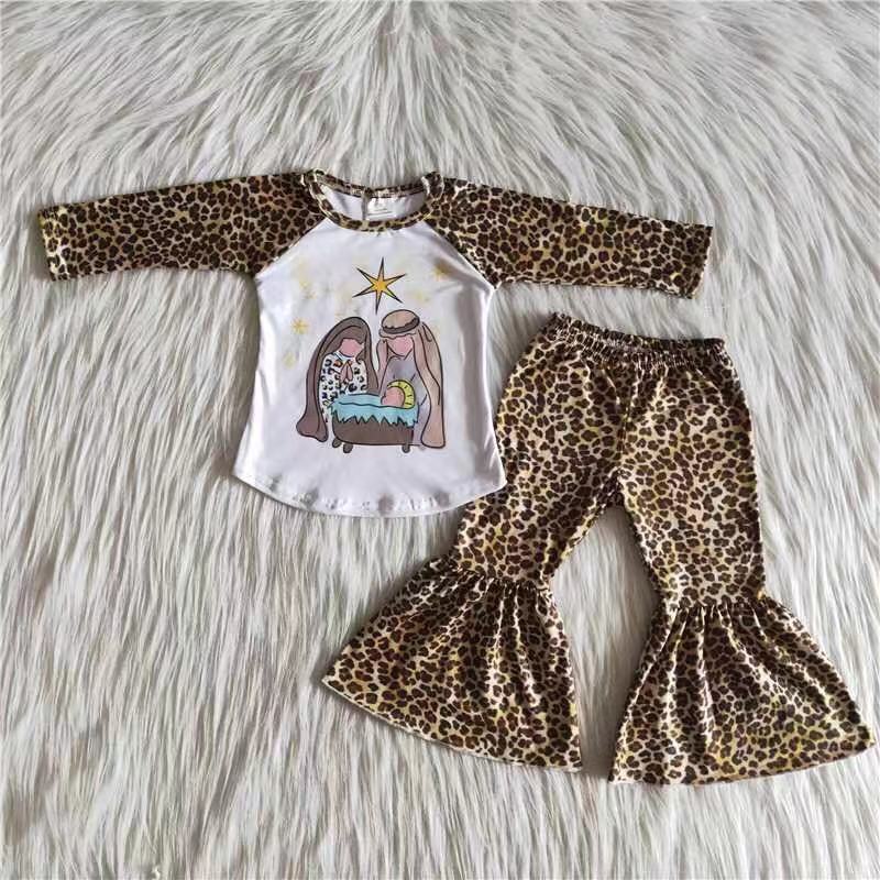 Nativity print leopard bell bottom pants Christmas clothing