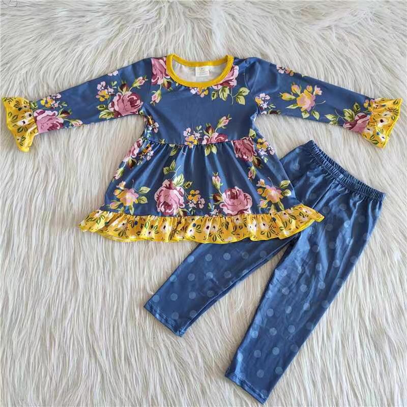 Blue floral tunic match icing ruffle leggings children clothing girls