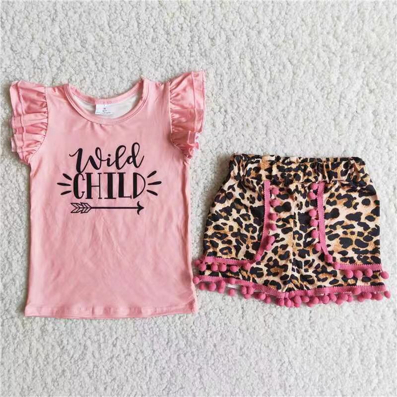 Wild child leopard pom pom shorts kids clothing girls