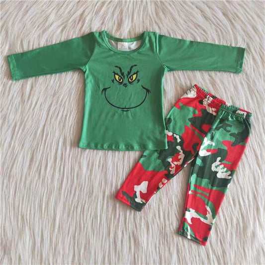 Green face shirt camo pants boy Christmas clothing