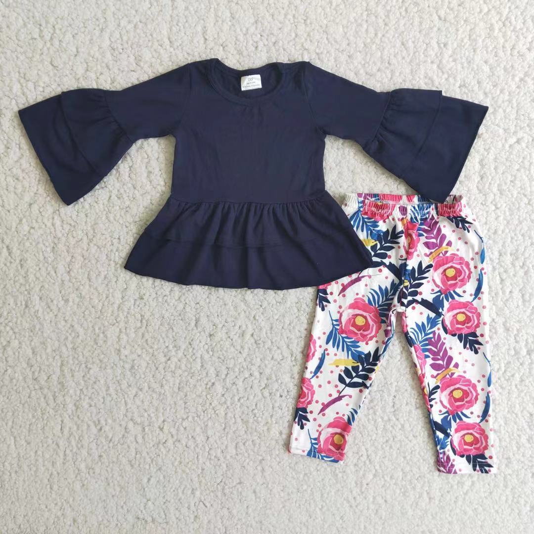 Navy cotton top floral leggings baby girls clothing