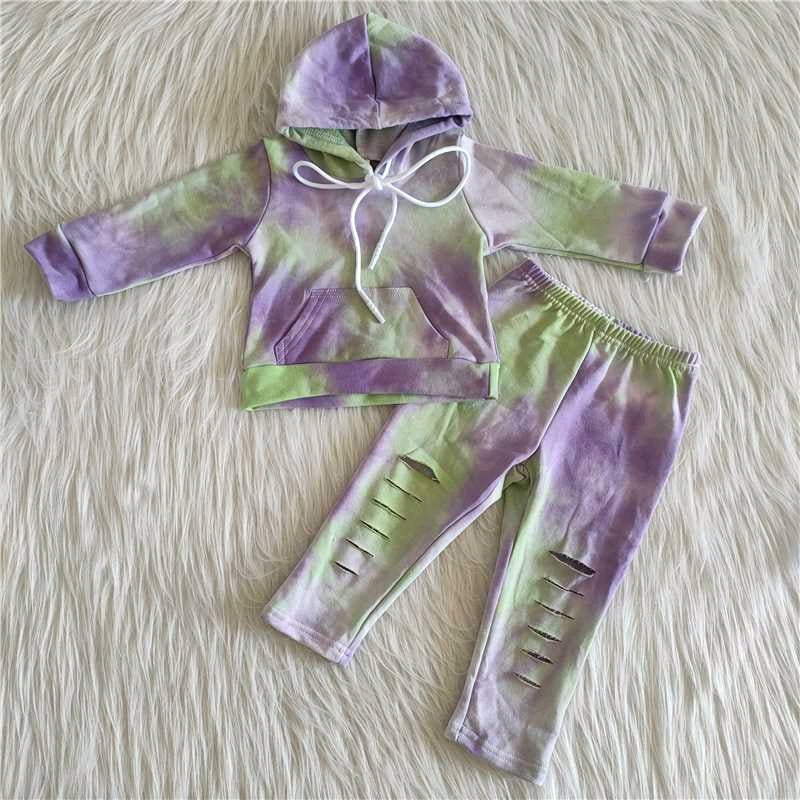 Green purple tie dye thick hoodie set