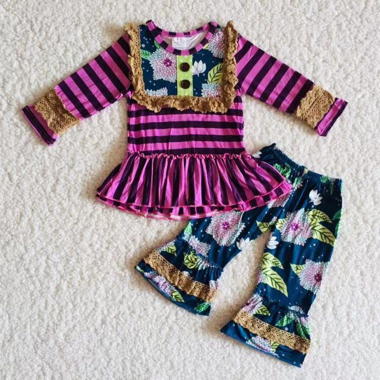 Purple stripe top floral pants girls fall clothes