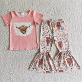Highland cow print shirt bell bottom pants girls spring clothing