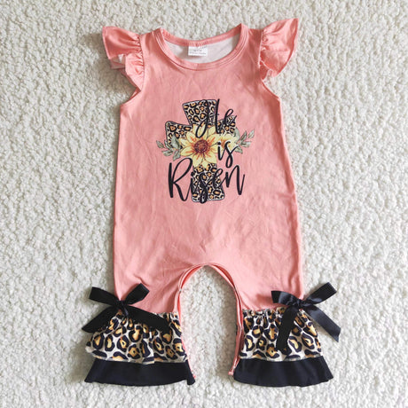 Cross He is risen leopard baby easter romper