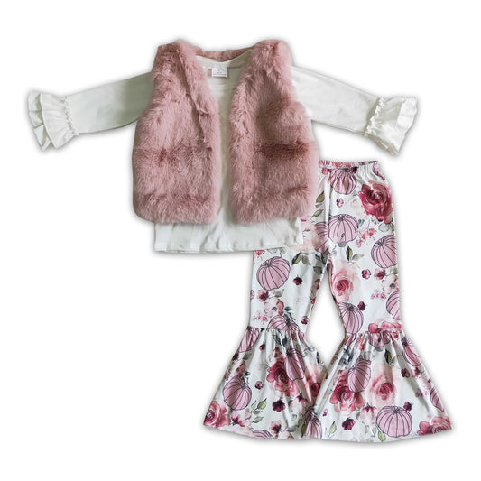 pink vest match pumpkin outfits girls 3 pcs sets