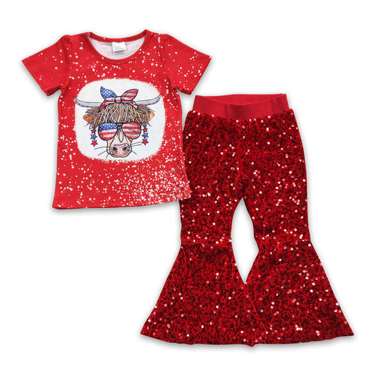 Highland cow glasses shirt red sequin girls 4th of july outfits