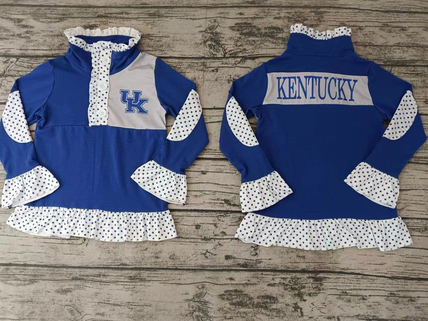 MOQ 5 U K blue polka dots girls team pullover