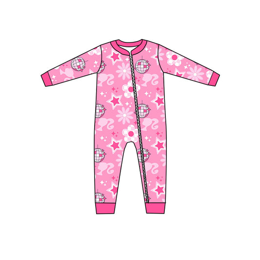 MOQ 5 PCS  pink floral party baby girls zipper romper