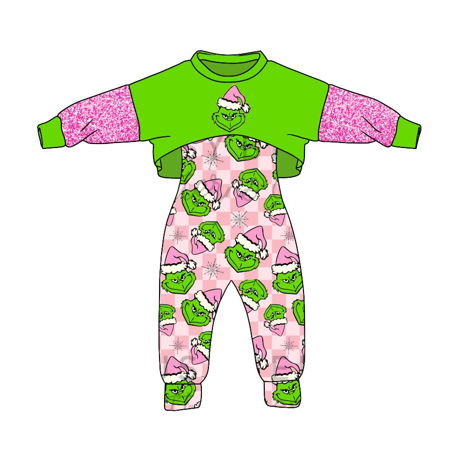 MOQ 5 pink green face jumpsuit top girls Christmas outfits