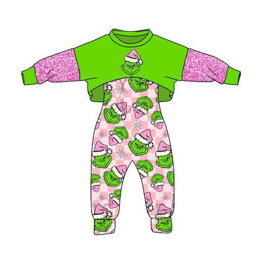 MOQ 5 pink green face jumpsuit top girls Christmas outfits