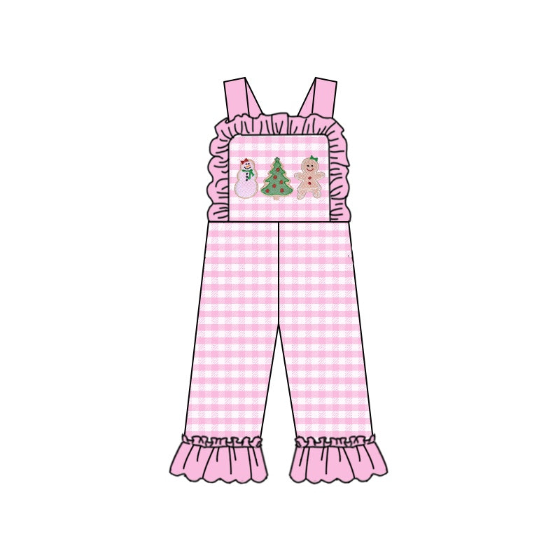 MOQ 5 PCS pink plaid Christmas tree gingerbread baby overalls