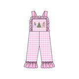 MOQ 5 PCS pink plaid Christmas tree gingerbread baby overalls