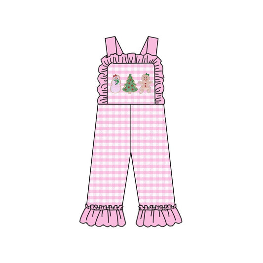 MOQ 5 PCS pink plaid Christmas tree gingerbread baby overalls