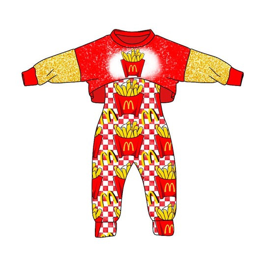 MOQ 5 M fries jumpsuit top kids girls clothing set