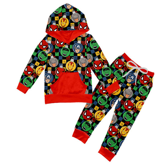 MOQ 5 green man spider plaid kids boy hoodie set