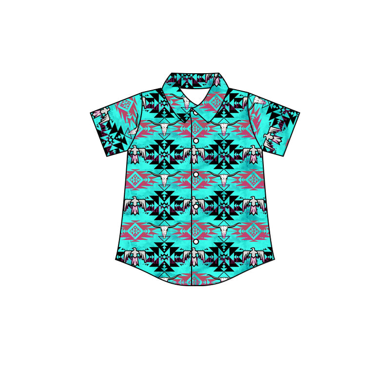 MOQ 5 turquoise bird aztec kids button upt shirt