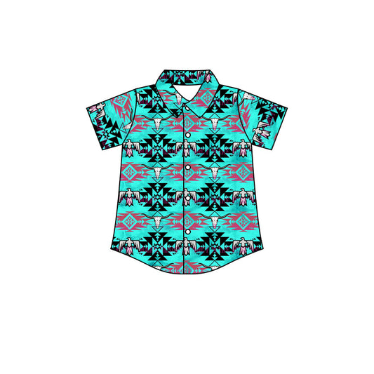 MOQ 5 turquoise bird aztec kids button upt shirt