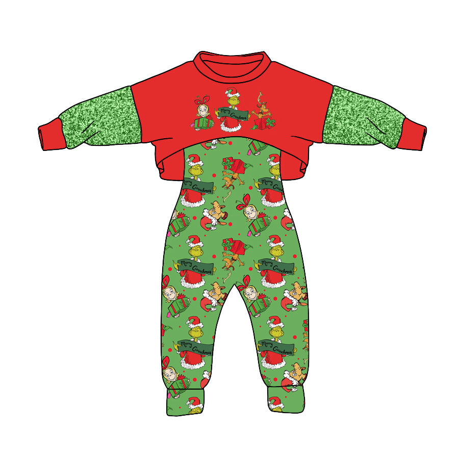 MOQ 5 green face gift jumpsuit top girls 2 pcs Christmas outfits