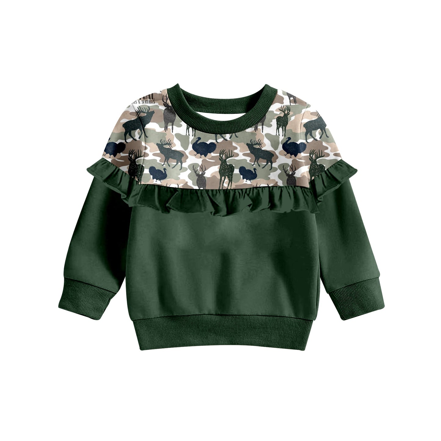 MOQ 5 olive camo deer ruffle girls long sleeves shirt