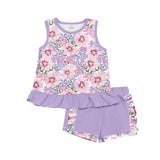 Sleeveless lavender floral top shorts girls summer clothes