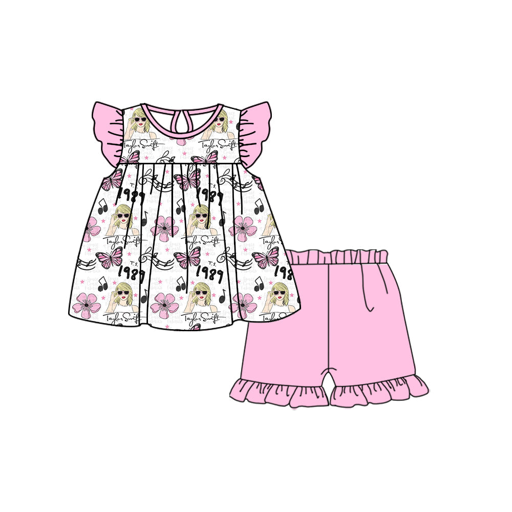 MOQ 3 Flutter sleeves floral butterfly tunic shorts singer girls set