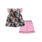 MOQ 3 Flutter sleeves patchwork tunic shorts singer girls set