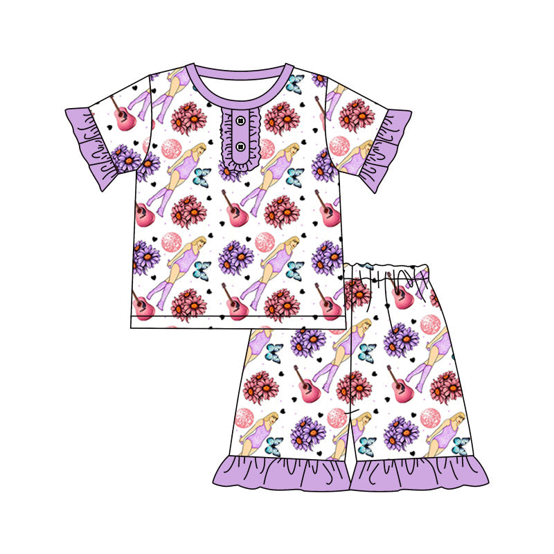 MOQ 3 lavender short sleeves floral guitar singer girls pajamas