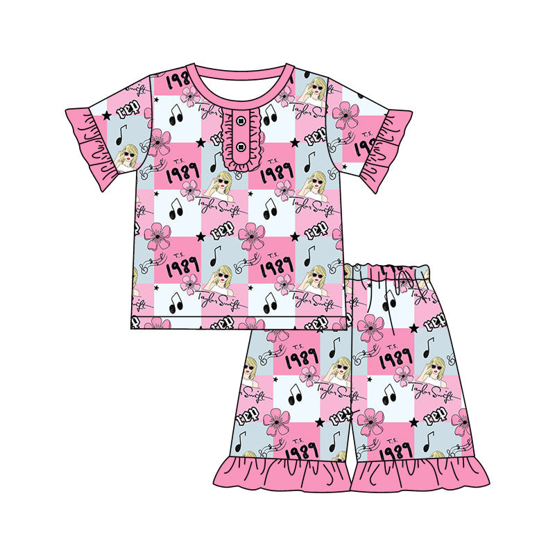 MOQ 3 pink short sleeves floral singer girls summer pajamas