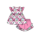 MOQ 3 flutter sleeves pink floral plaid singer girls summer set