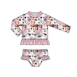 MOQ  3 long sleeves pink ruffle butterfly singer girls swimsuit