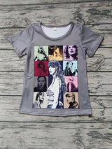 MOQ 3 Grey short sleeves patchwork singer girls shirt