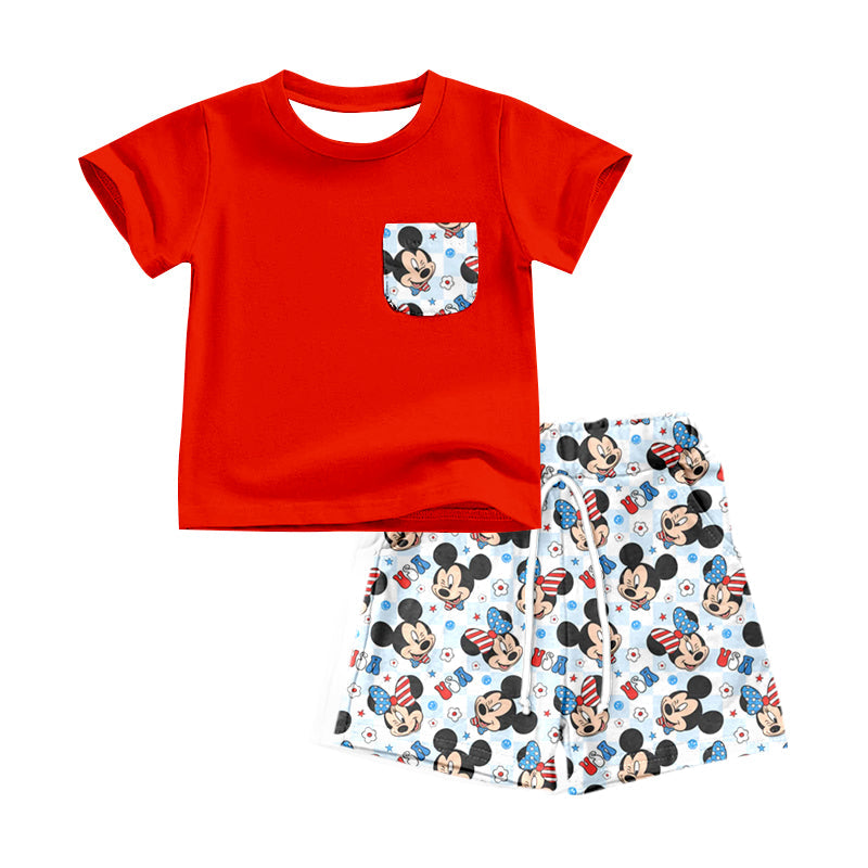 MOQ 3 red pocket top mouse usa plaid boys 4th of july outfits