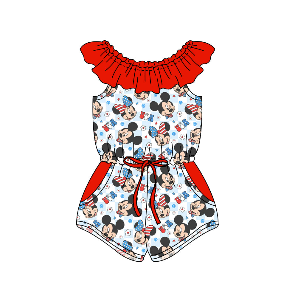 MOQ 3 plaid USA floral mouse girls 4th of july jumpsuit
