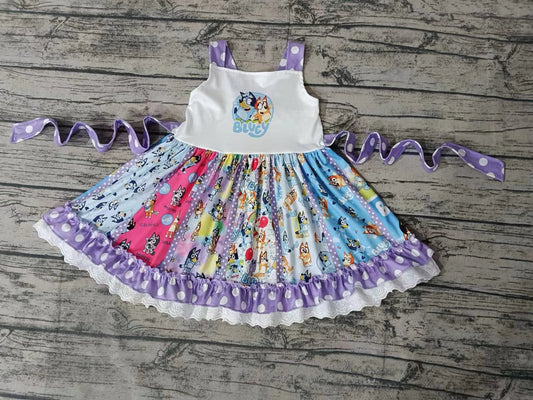 MOQ  3 lavender polka dots dogs girls panel dresses