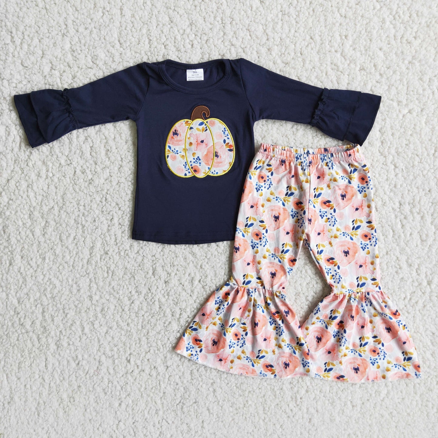Girl Embroidery Pumpkin Floral Outfit
