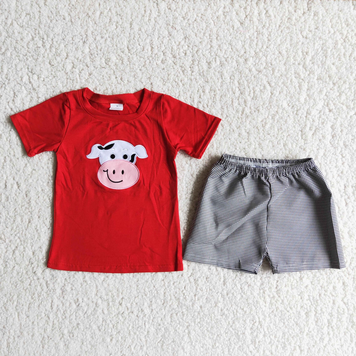 Cow embroidery shirt woven shorts boy outfit
